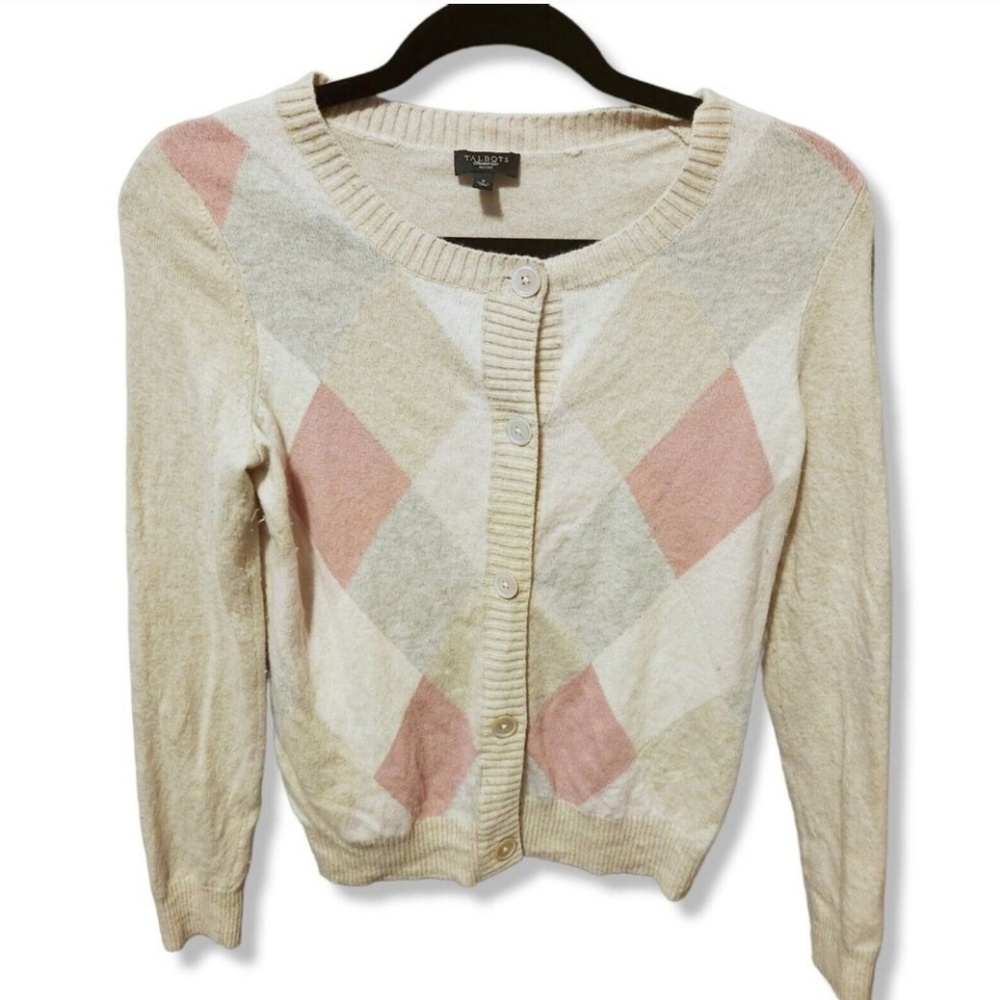 Talbot's Pink Argyle cropped cardigan sweater angora wool button Petite S twee